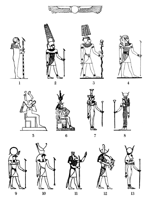 Scène de mythologie égyptienne avec un dieu et des symboles sacrés