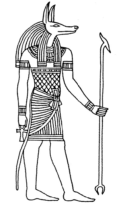 Scène de mythologie égyptienne avec un pharaon, des dieux et des symboles sacrés