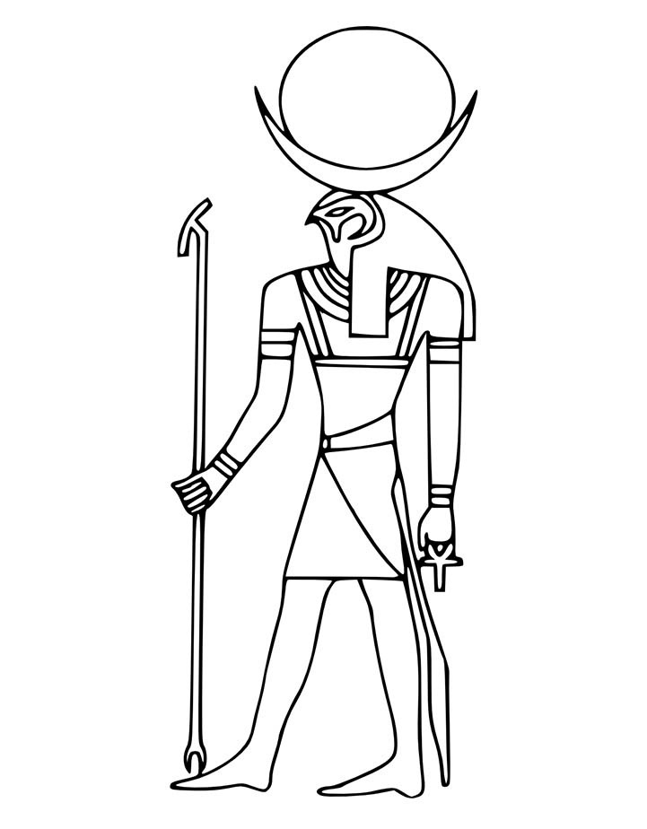 Coloriage d'une scène de mythologie égyptienne avec un dieu et des symboles