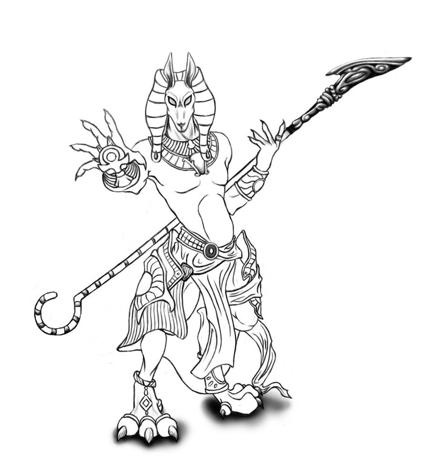 Scène de mythologie égyptienne avec des dieux et des symboles emblématiques