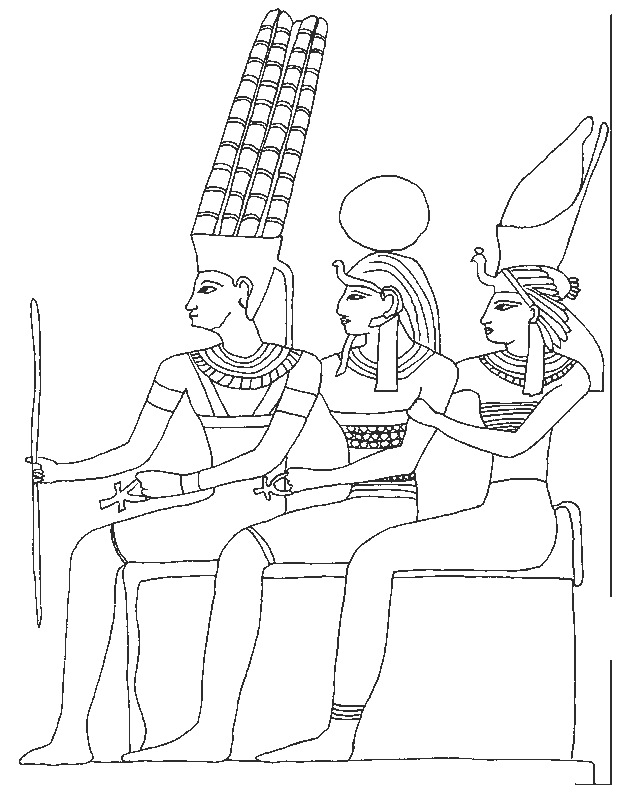 Coloriage d'une scène de mythologie égyptienne avec des figures emblématiques