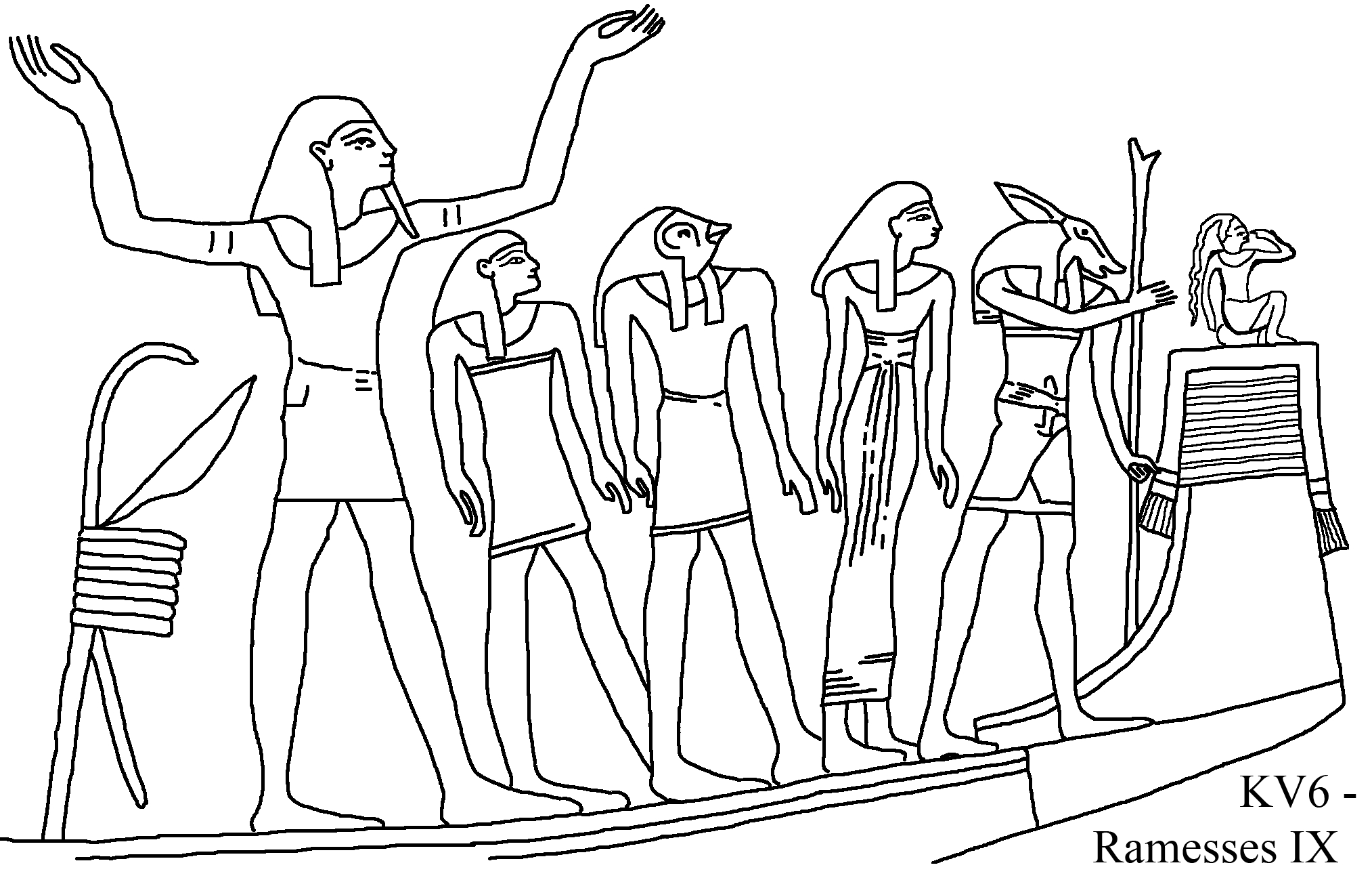 Scène de mythologie égyptienne avec un dieu et des symboles emblématiques