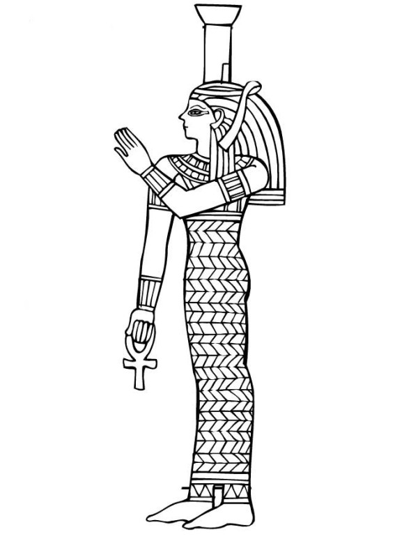 Coloriage de divinités égyptiennes entourées de symboles mythologiques