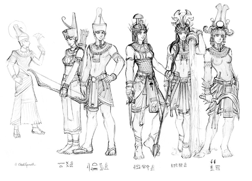 Coloriage d'une scène mythologique égyptienne avec des dieux et des symboles