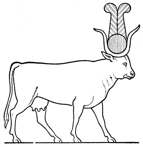 Scène de mythologie égyptienne avec un dieu et des symboles sacrés