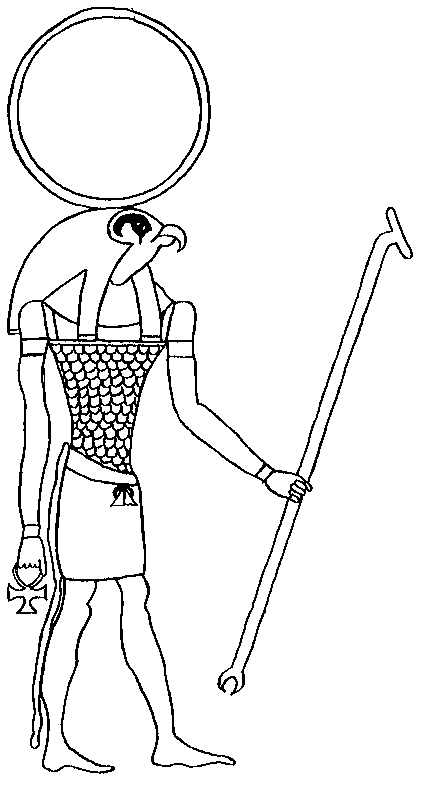 Scène de mythologie égyptienne avec un dieu et des symboles sacrés