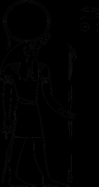 Scène de mythologie égyptienne avec un dieu et des symboles sacrés