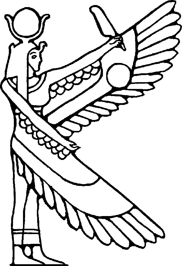 Coloriage représentant une scène de mythologie égyptienne avec un dieu et des symboles