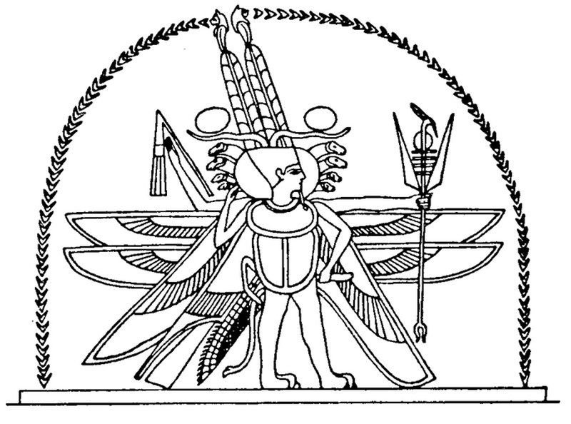 Scène de mythologie égyptienne avec des figures emblématiques et des motifs symboliques