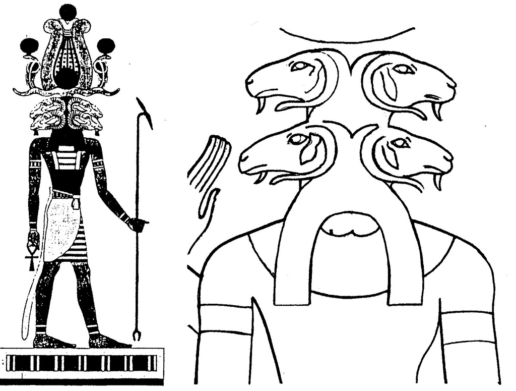 Coloriage représentant un dieu égyptien entouré de symboles mythologiques
