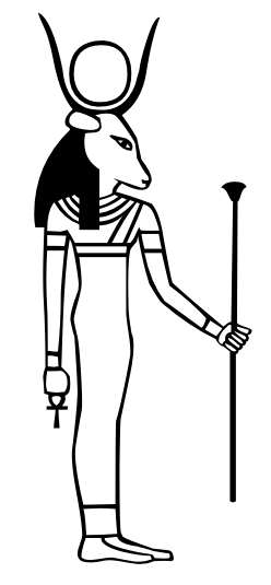 Scène de mythologie égyptienne avec une déesse et des symboles sacrés