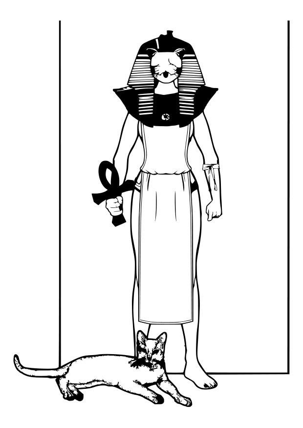 Coloriage d'une divinité égyptienne entourée de symboles mythologiques