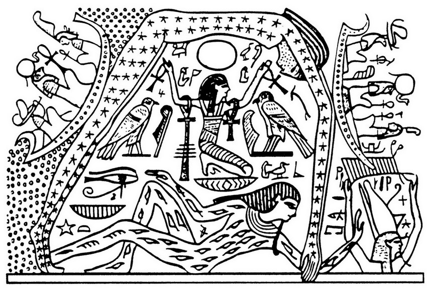 Scène de mythologie égyptienne avec un dieu et des éléments symboliques