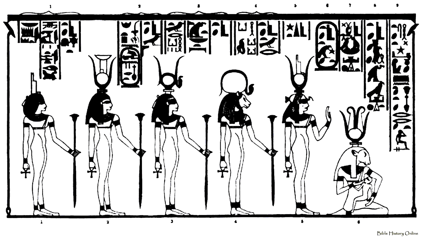 Scène de mythologie égyptienne avec un dieu et des symboles emblématiques