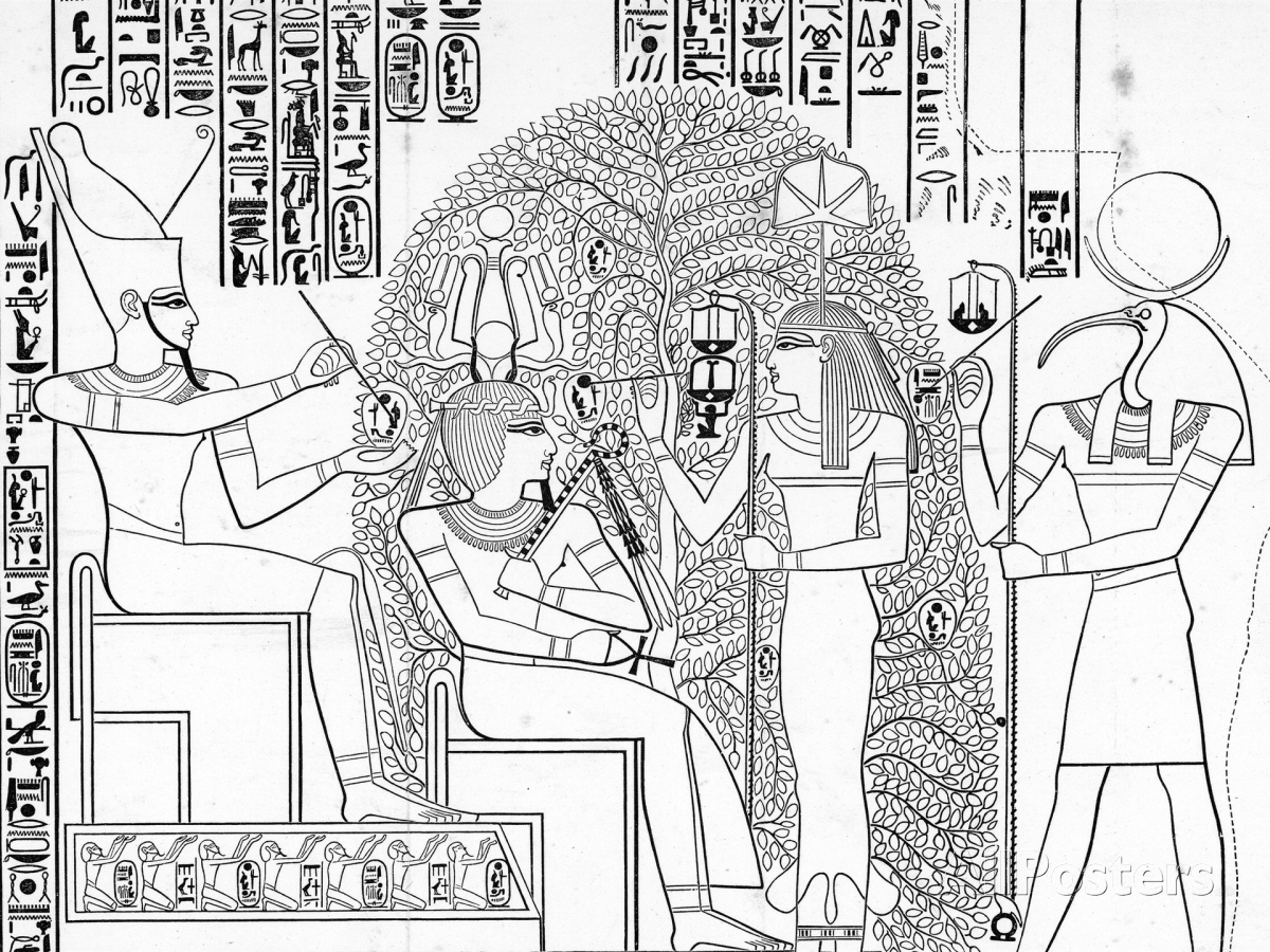 Scène de mythologie égyptienne avec des figures emblématiques et des éléments symboliques