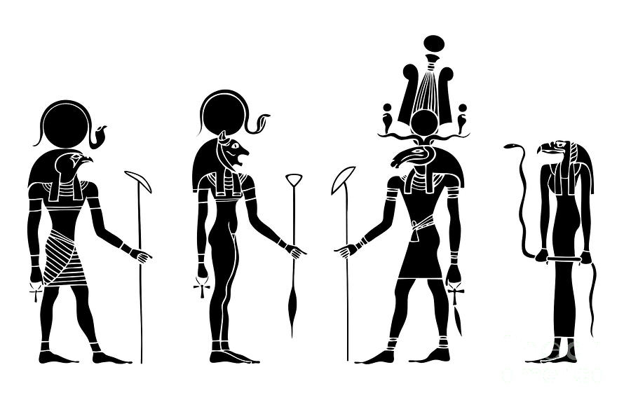 Coloriage représentant des dieux de la mythologie égyptienne dans un décor symbolique