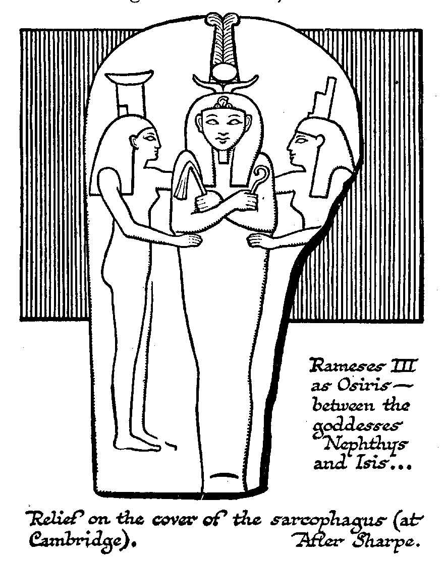 Scène de mythologie égyptienne avec des dieux et des symboles antiques