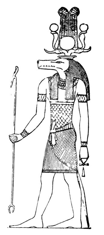Scène de la mythologie égyptienne avec un dieu et des éléments symboliques