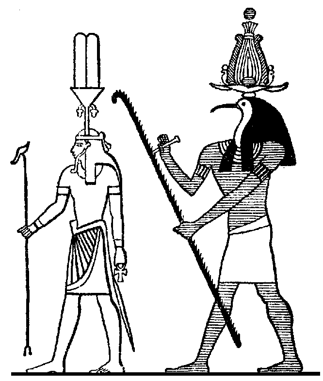 Scène de mythologie égyptienne avec des divinités et des symboles