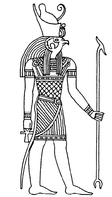 Scène de la mythologie égyptienne avec un dieu et des symboles sacrés