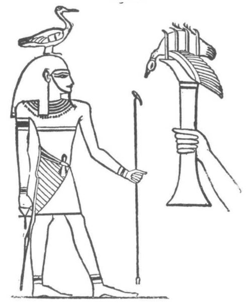 Scène de mythologie égyptienne avec des personnages et des symboles emblématiques