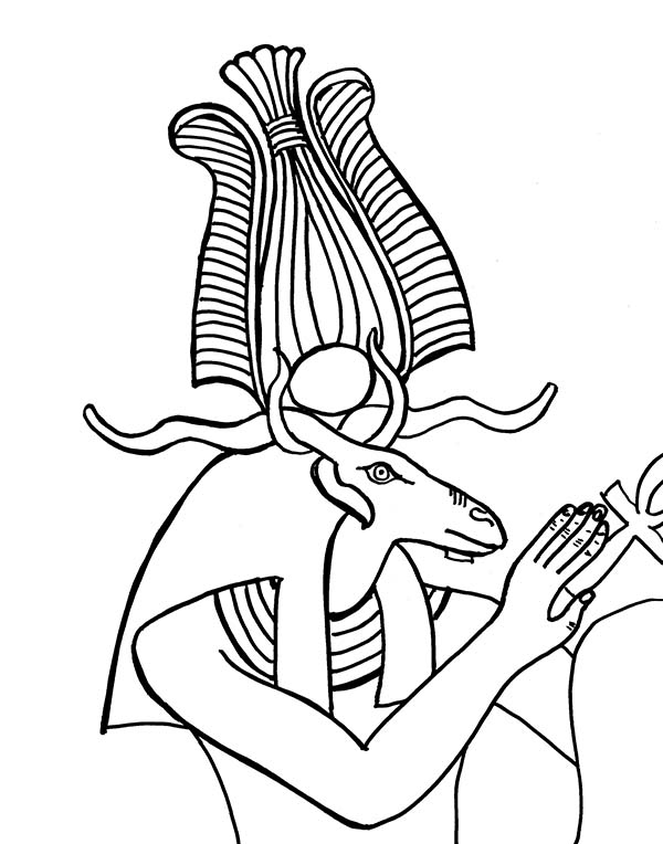 Coloriage d'une scène de mythologie égyptienne avec des dieux et des symboles
