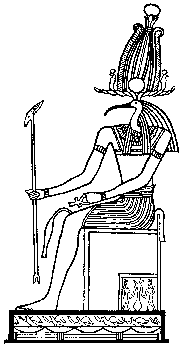 Scène de mythologie égyptienne avec un dieu et des symboles emblématiques