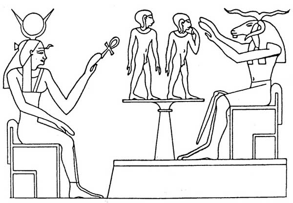 Scène de mythologie égyptienne avec un dieu et un décor architectural