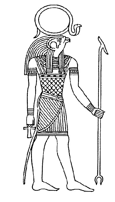 Coloriage représentant un pharaon égyptien entouré de symboles de la mythologie