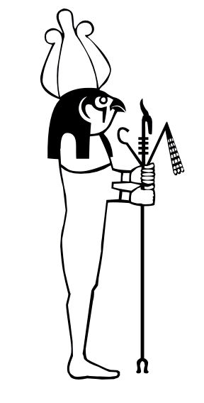 Scène de mythologie égyptienne avec des figures emblématiques et des éléments symboliques