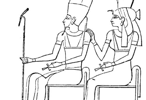 Scène de mythologie égyptienne avec des figures emblématiques et un décor symbolique