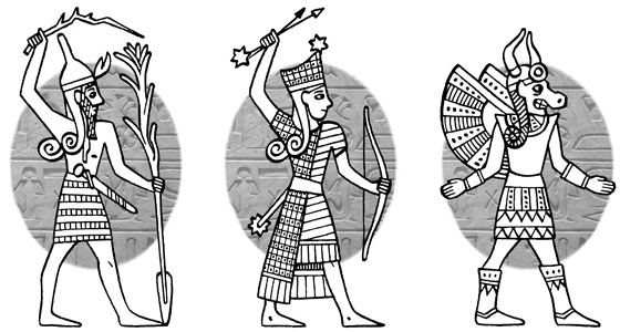 Scène de mythologie égyptienne avec une déesse et des symboles mystiques