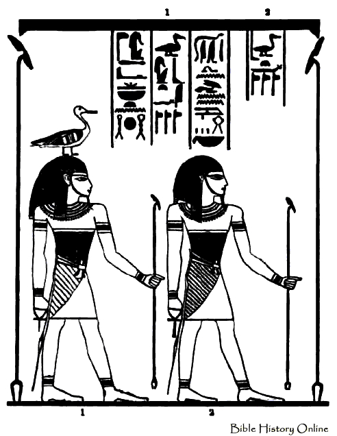 Scène de mythologie égyptienne avec figures mythiques et motifs symboliques