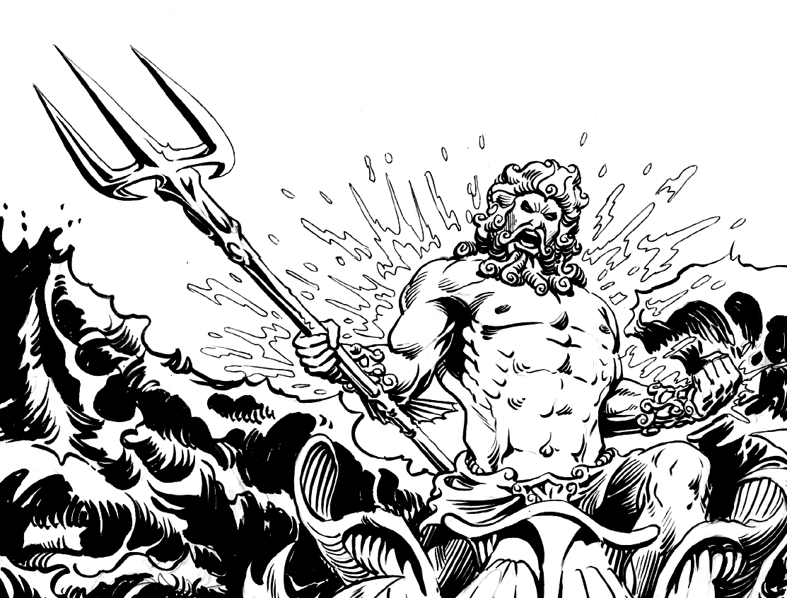 Héros de la mythologie grecque affrontant un monstre dans un paysage antique