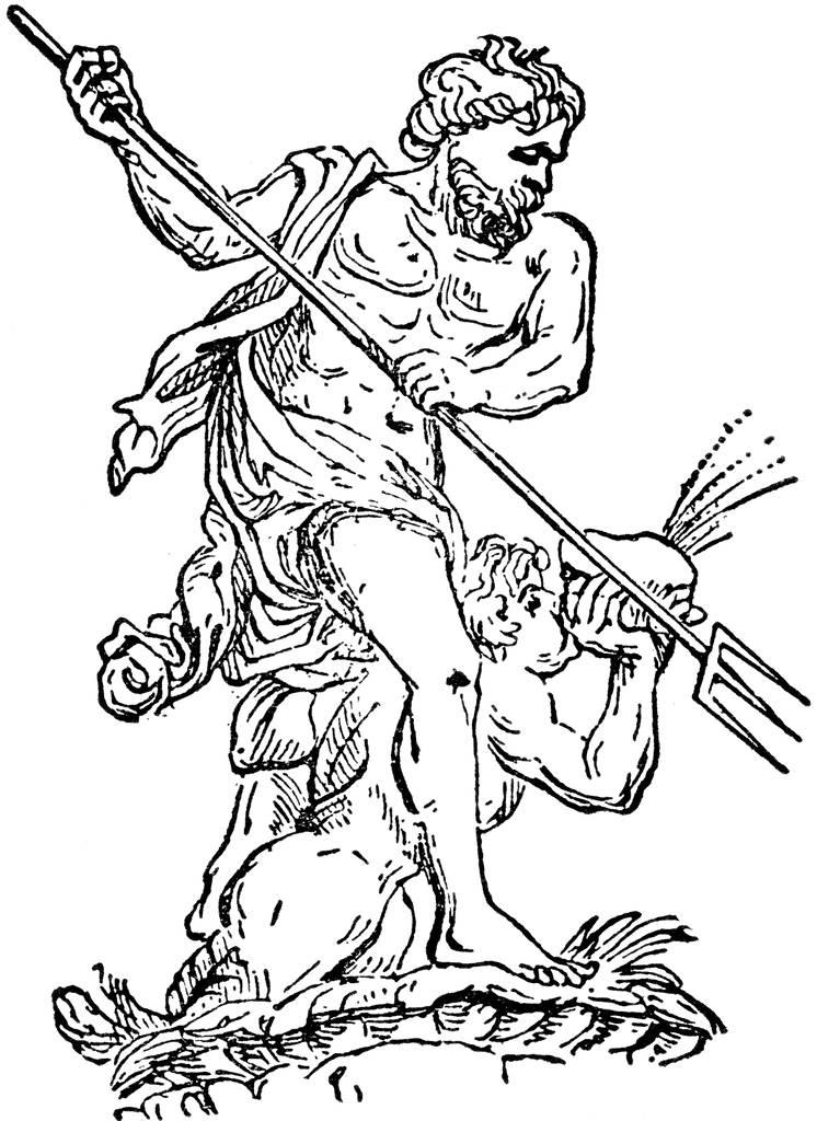 Scène de mythologie grecque avec des figures mythiques en pleine action