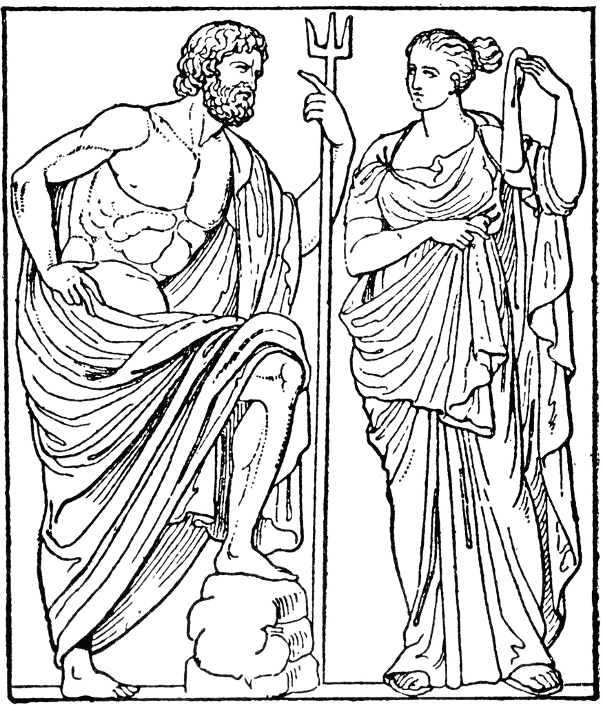 Scène de mythologie grecque avec un personnage mythique et des éléments naturels