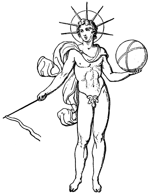 Coloriage représentant des figures de la mythologie grecque dans un décor classique