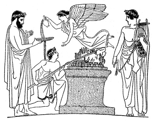 Scène de mythologie grecque avec un héros et des créatures légendaires