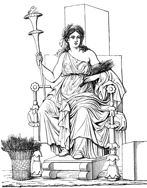 Scène de mythologie grecque avec des personnages mythiques au milieu de la nature