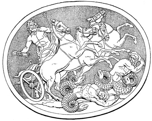 Coloriage d'une scène mythologique grecque avec des personnages et des éléments symboliques