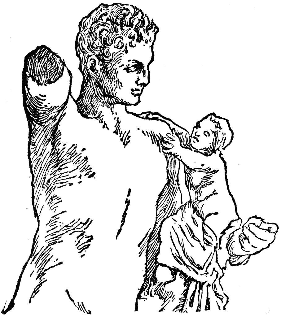 Scène de mythologie grecque avec des personnages en action entourés de détails symboliques