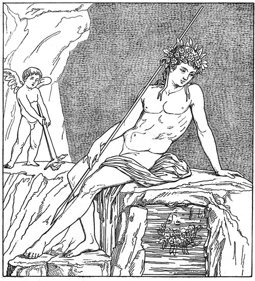 Coloriage d'une scène mythologique grecque avec des personnages et des éléments symboliques