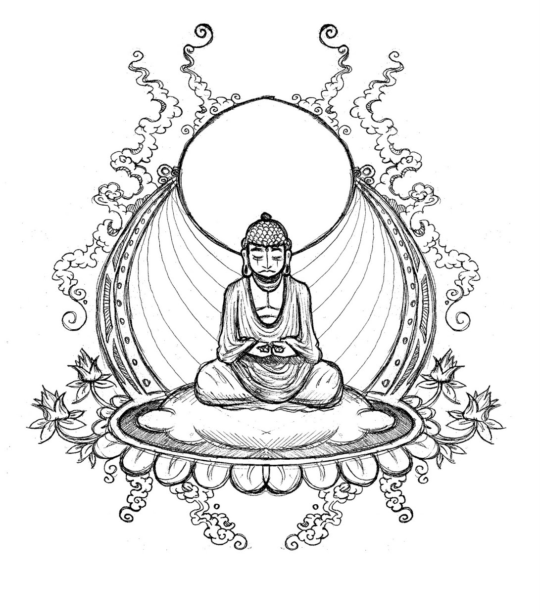 Coloriage représentant Bouddha dans un cadre inspiré de la mythologie hindoue