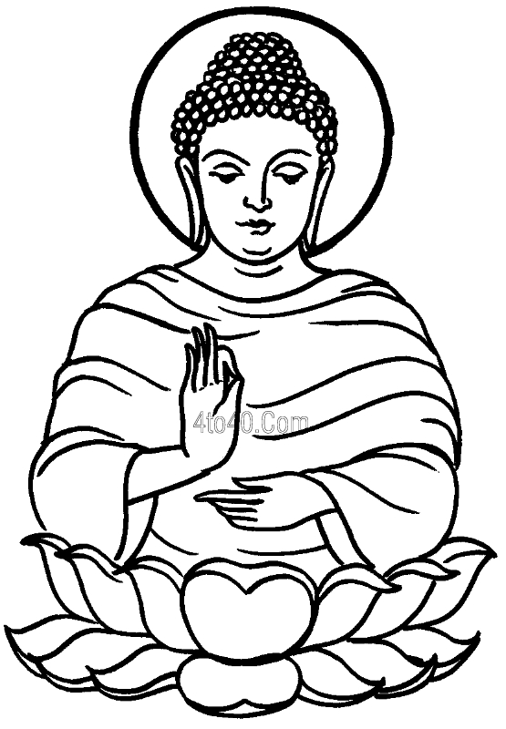 Bouddha méditant au milieu d'éléments de la mythologie hindoue