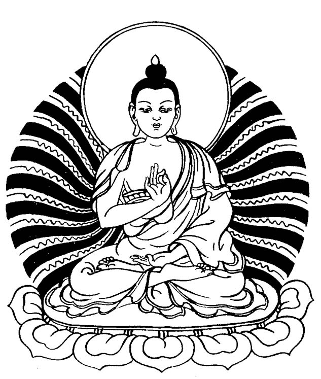 Coloriage de Bouddha entouré de motifs hindous et de fleurs