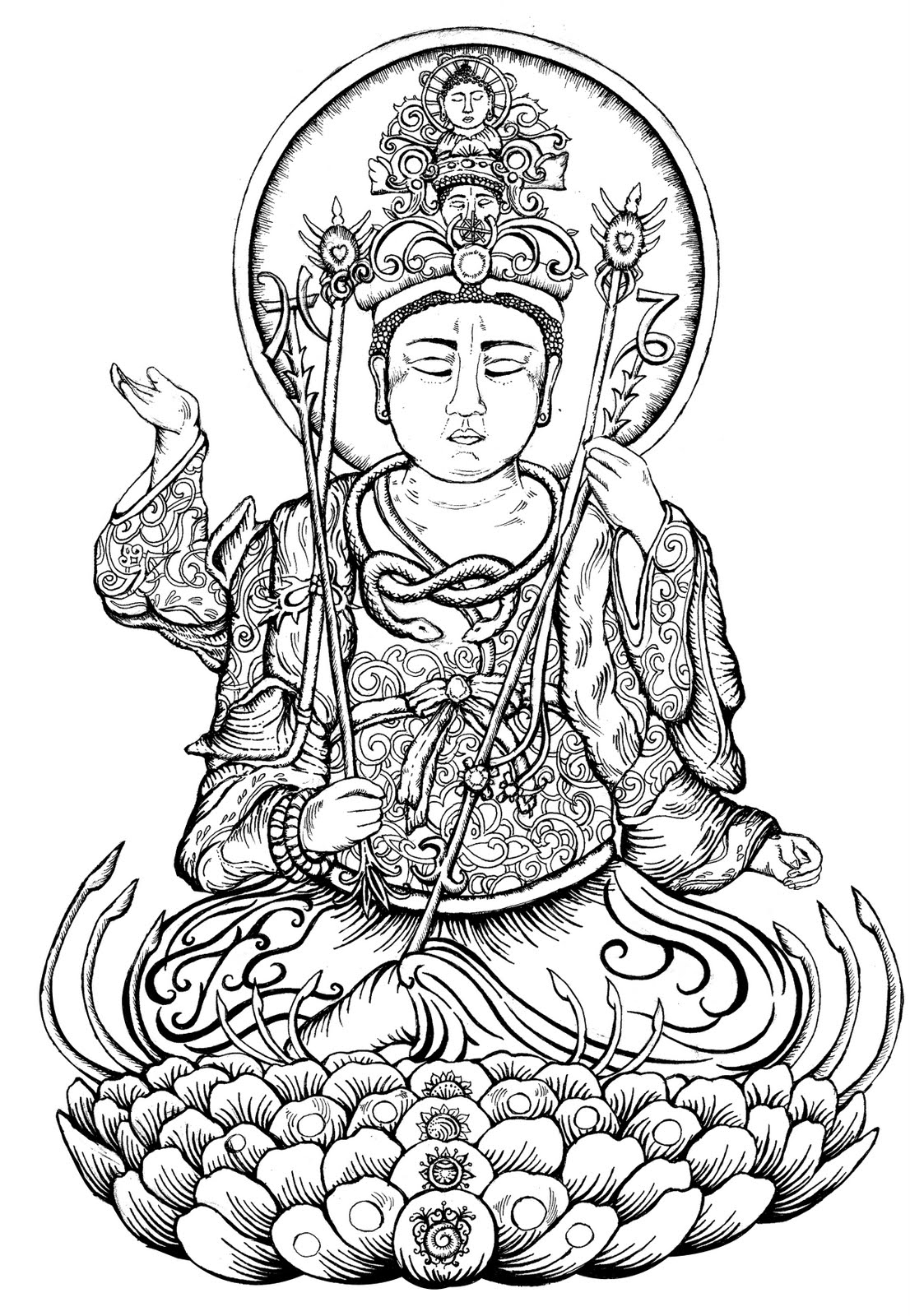 Coloriage d'un Bouddha entouré d'éléments de la mythologie hindoue