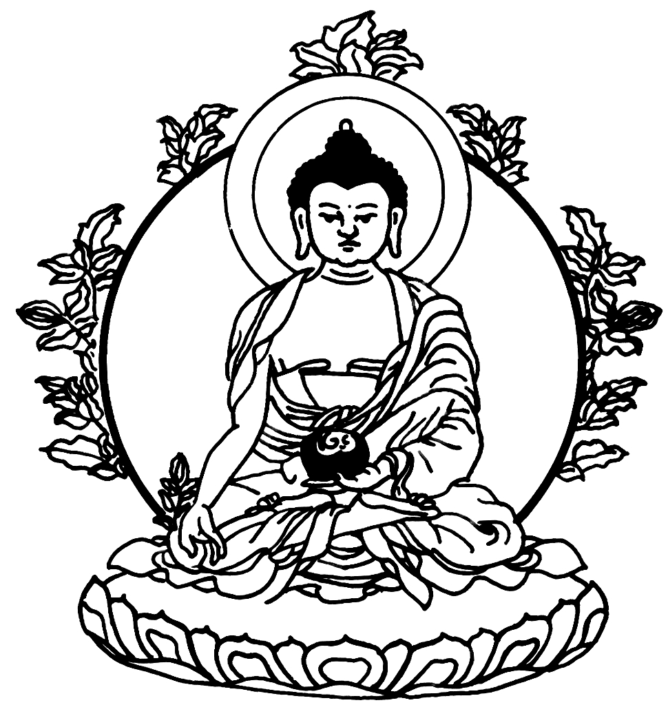 Coloriage représentant Bouddha méditant dans un décor mythologique hindou