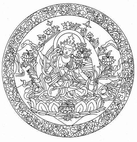 Coloriage de Bouddha en méditation entouré de motifs symboliques