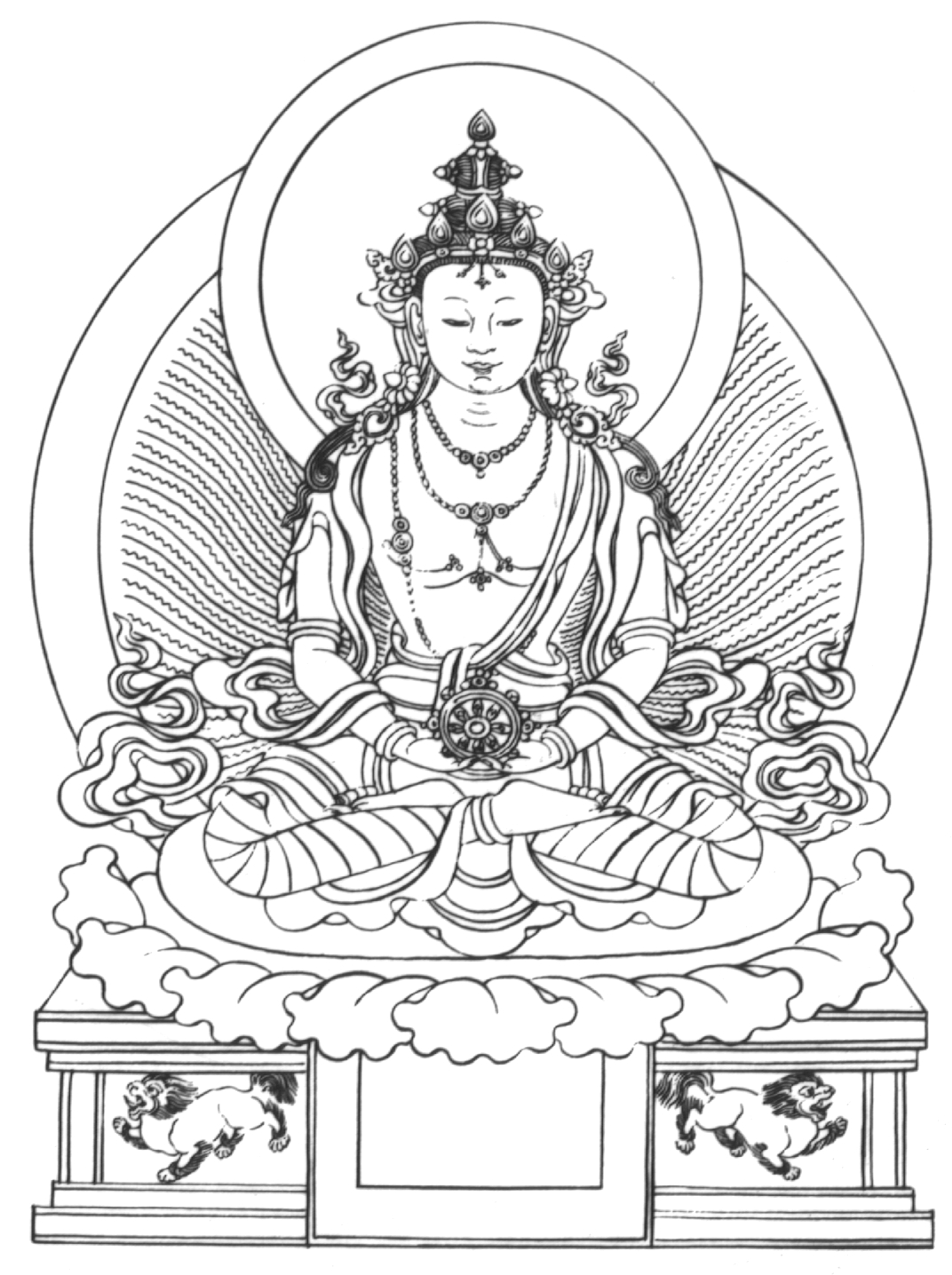 Coloriage de Bouddha entouré de motifs floraux et géométriques