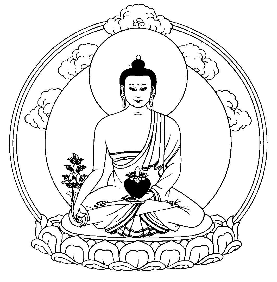 Coloriage d'une scène de la mythologie hindoue avec Bouddha en méditation